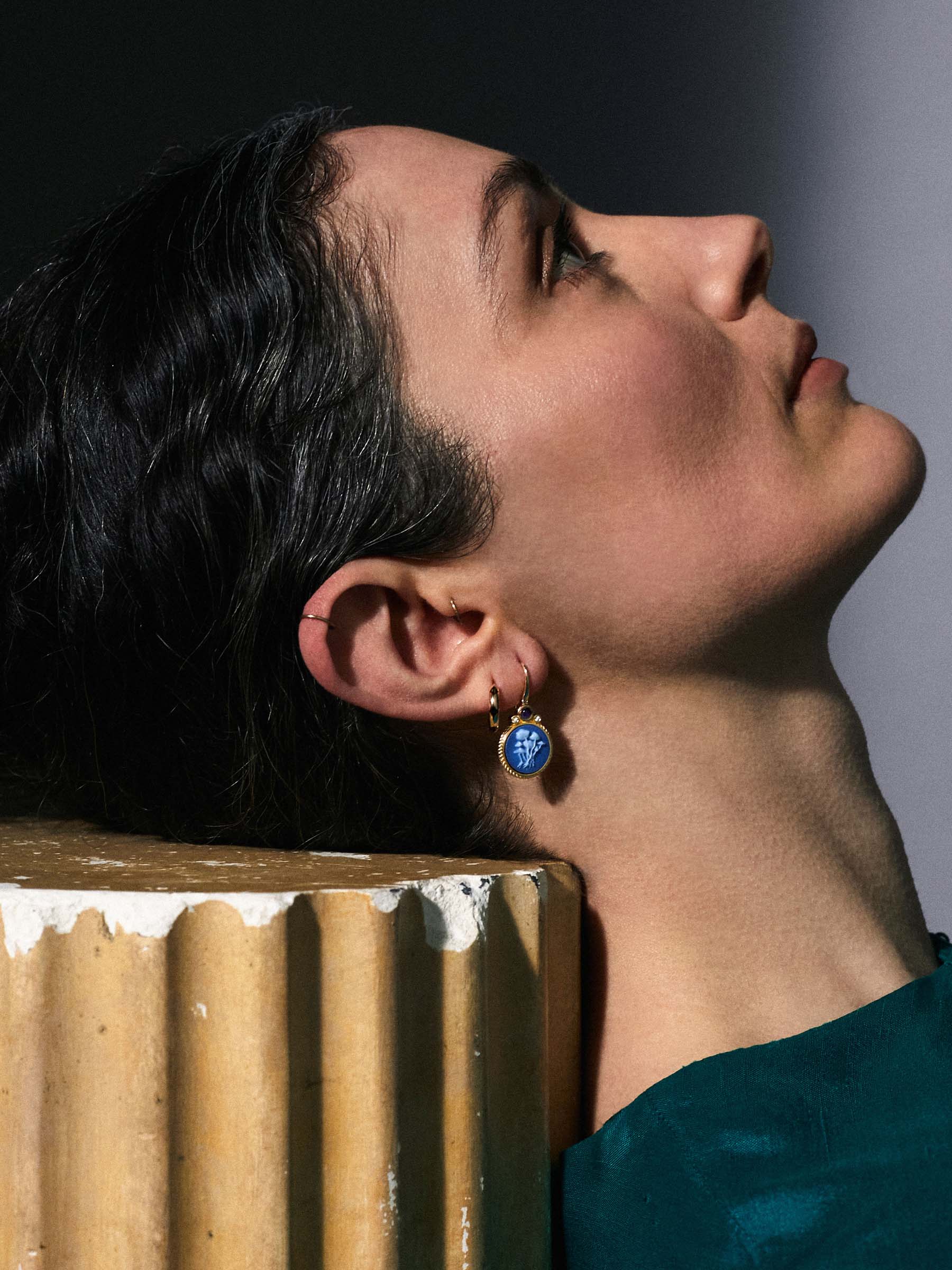 Something Blue Cameo Earrings with Diamonds and Iolites