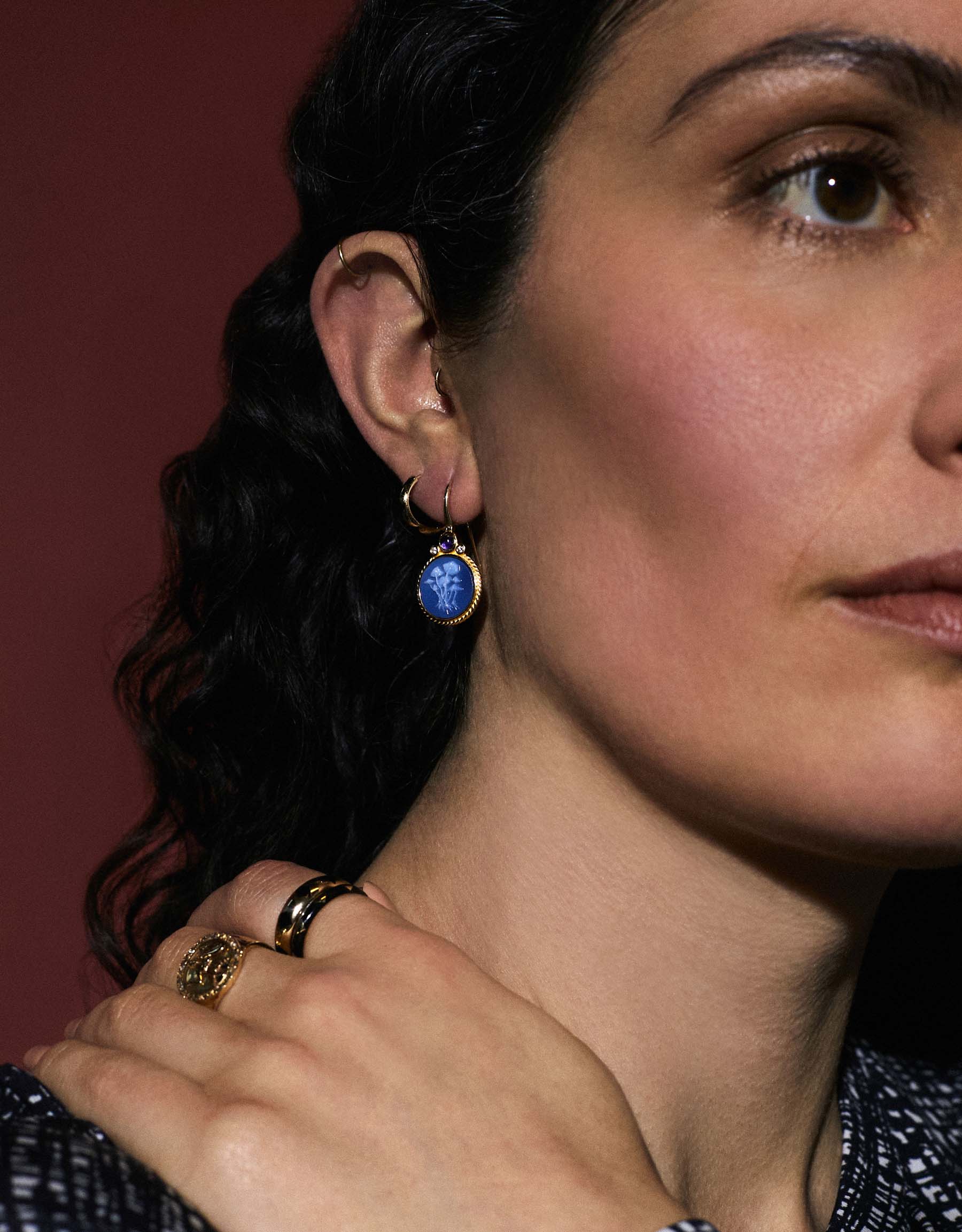 Something Blue Cameo Earrings with Diamonds and Iolites