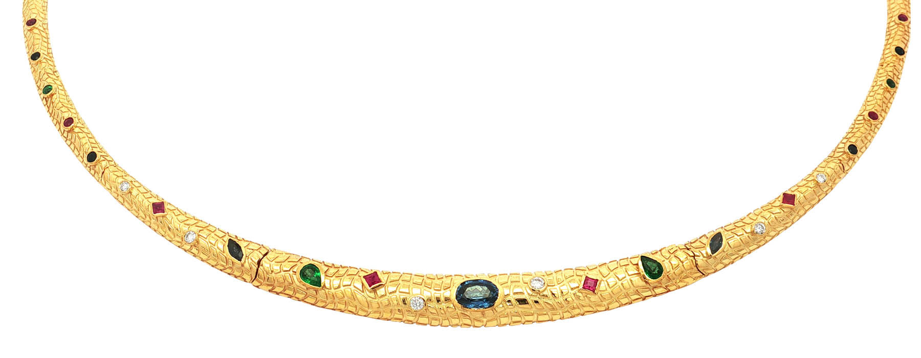 Gold Necklace set with Rubies, Sapphires and Emeralds