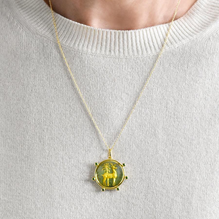 Golden Deer Pendant with Jade and Tsavorites Ilias Lalaounis