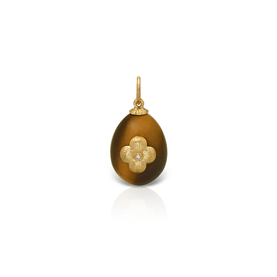 Daisy Easter Egg Pendant 18K Textured Gold and Diamond Center, Tiger Eye Stone