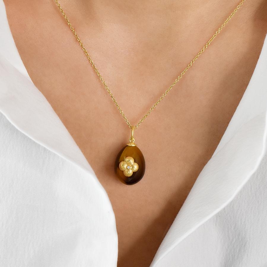 Daisy Easter Egg Pendant 18K Textured Gold and Diamond Center, Tiger Eye Stone
