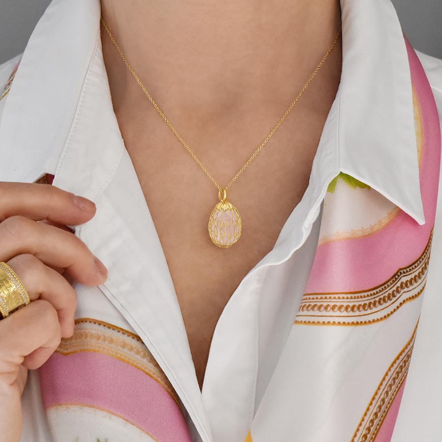 Easter Egg Pendant with Νet Design, 18K Gold Handwoven Chain, and Faceted Rose Quartz