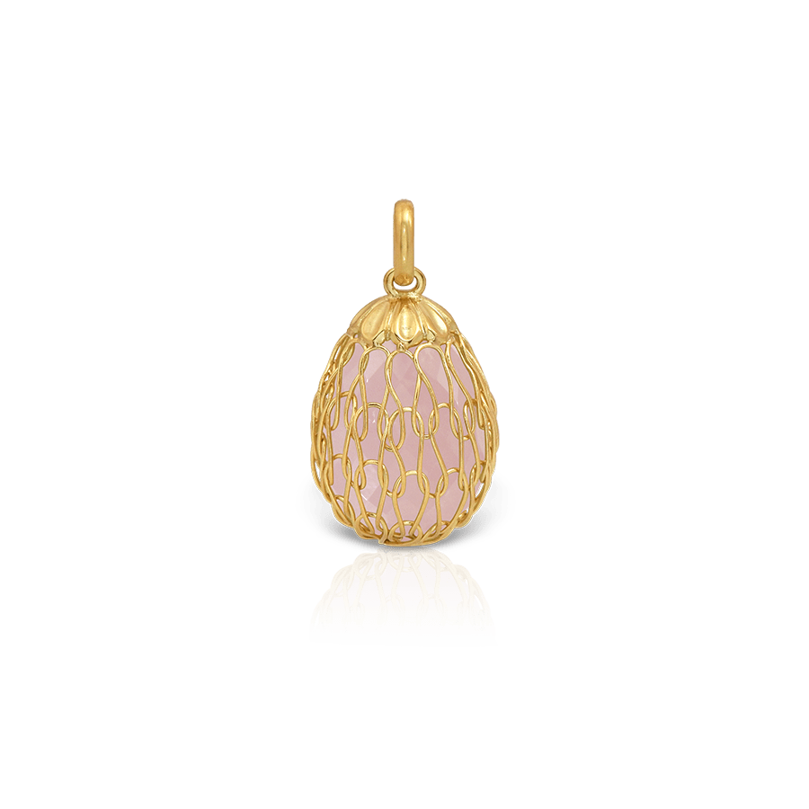 Easter Egg Pendant with Νet Design, 18K Gold Handwoven Chain, and Faceted Rose Quartz