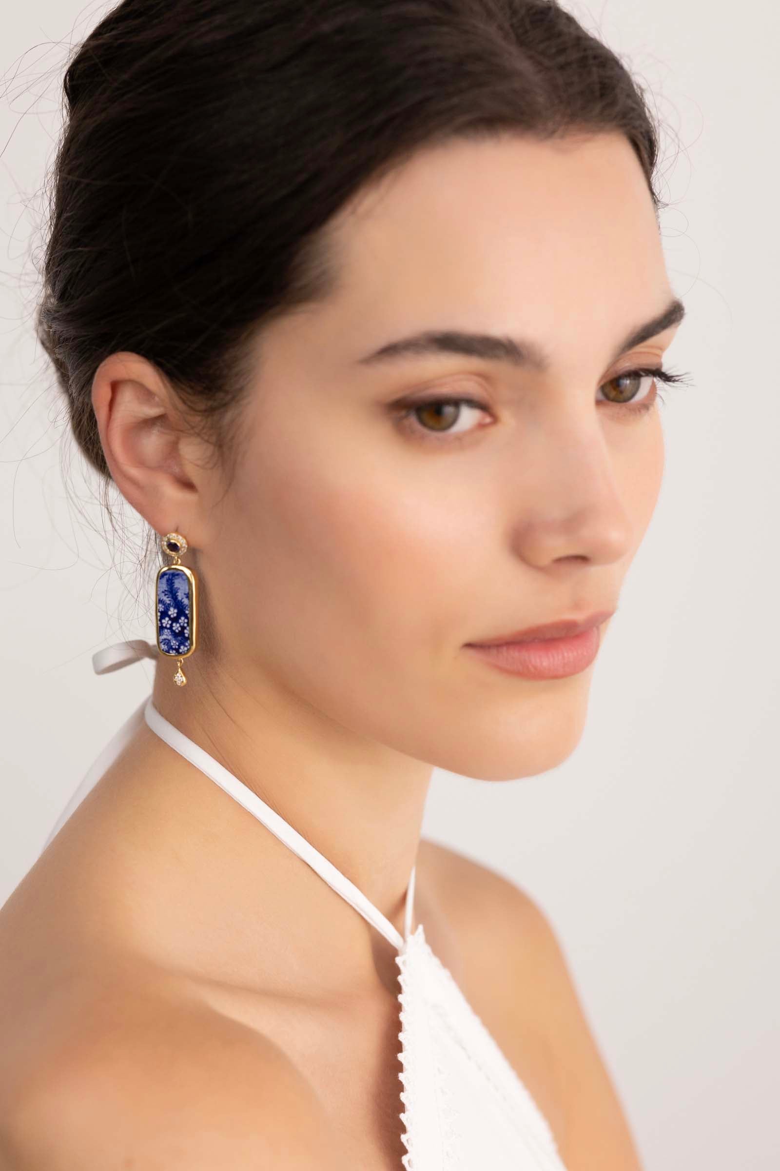 Blue Ceramic Diamond Sapphire Earrings