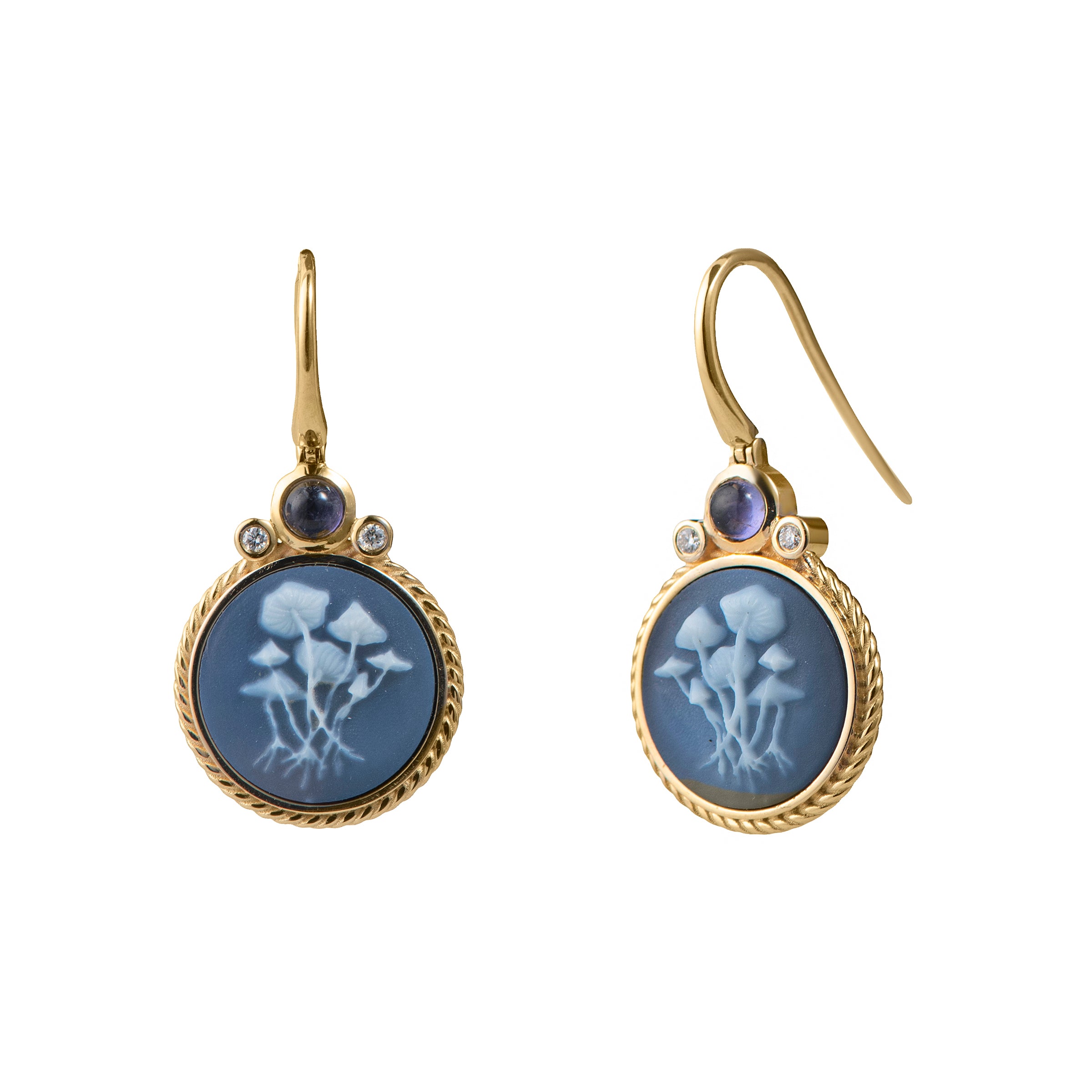 Something Blue Cameo Earrings with Diamonds and Iolites
