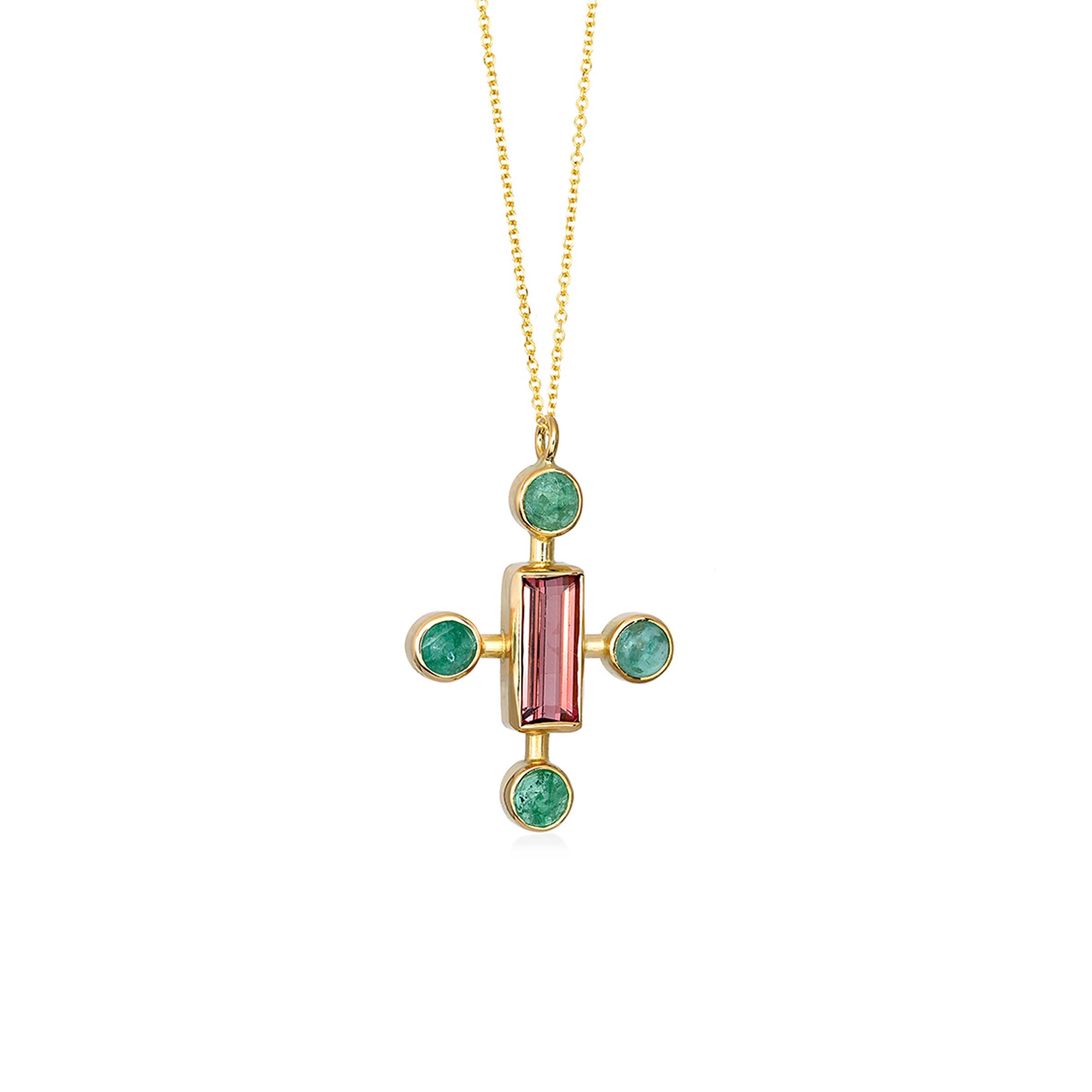 Cross Necklace with Tourmaline and Emeralds