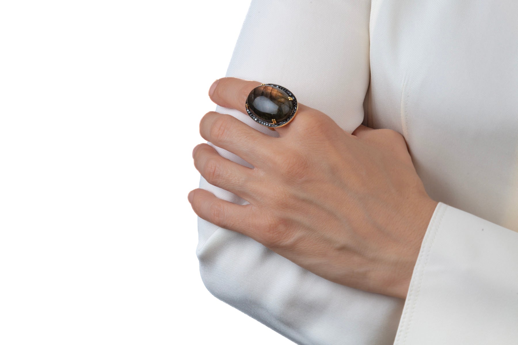 Dark Labradorite with Diamonds Ring