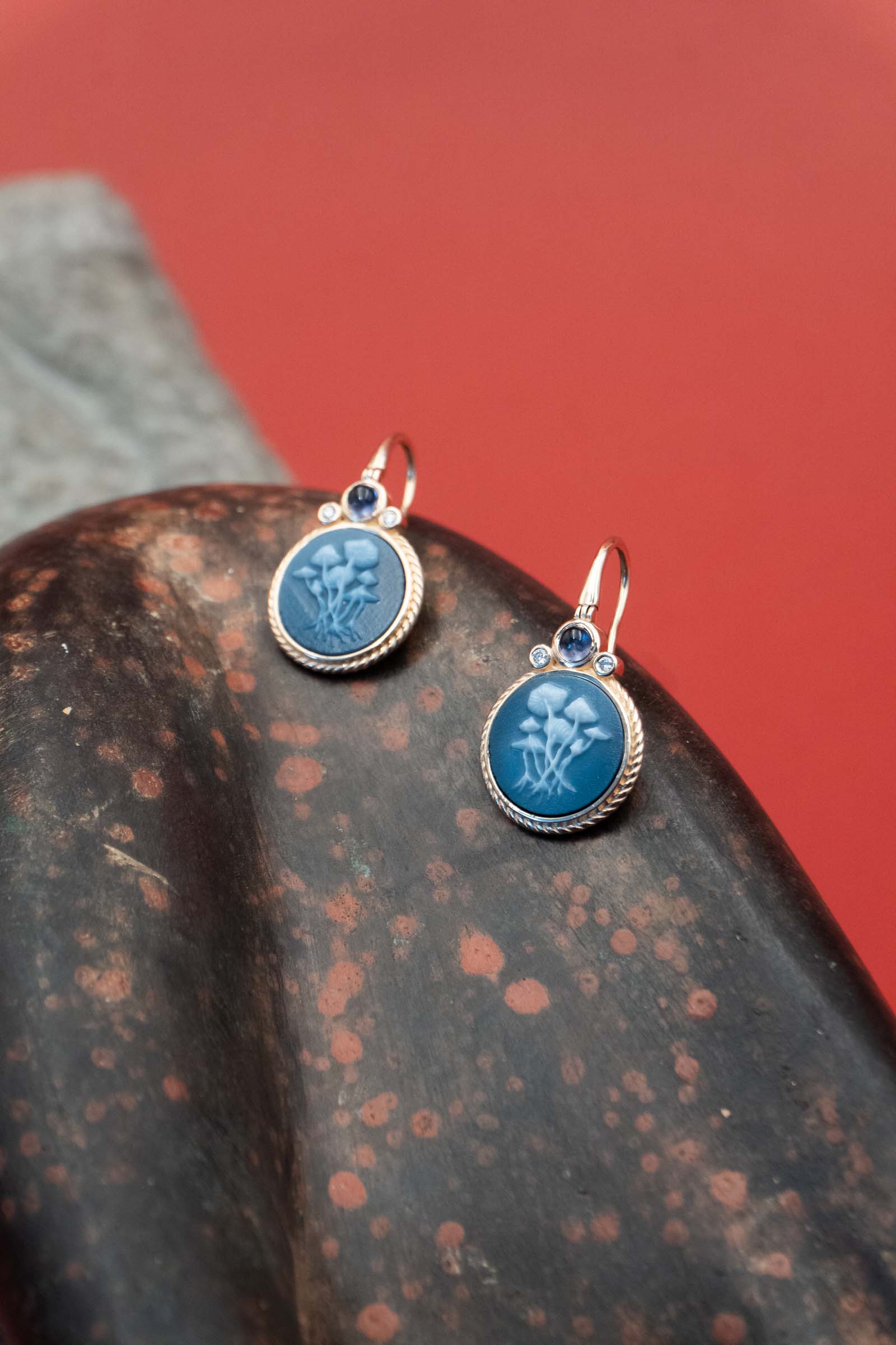Something Blue Cameo Earrings with Diamonds and Iolites