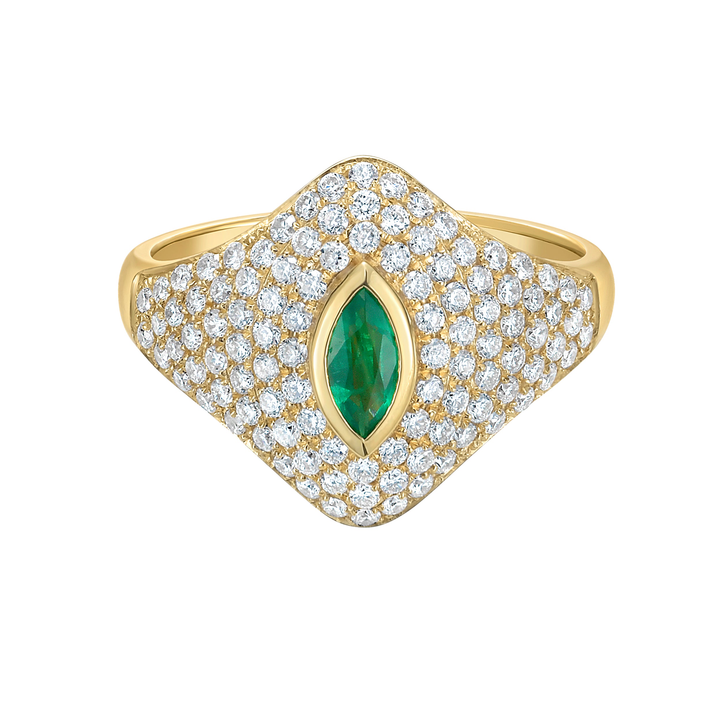 Paved Diamond and Emerald Signet Ring