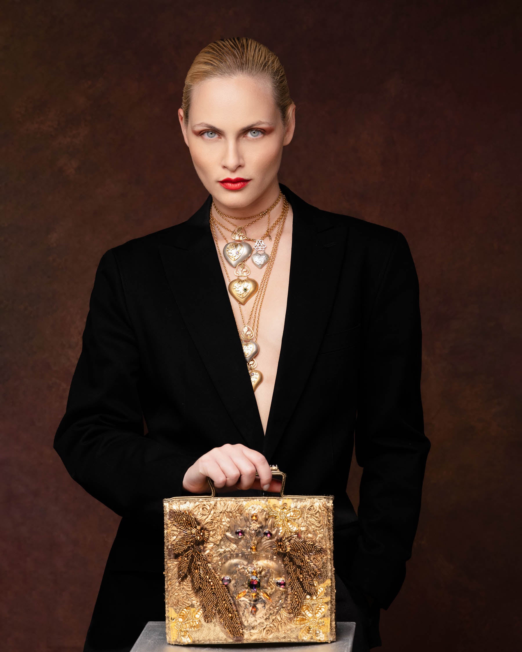 Medium Leather handmade Evening Handbag embroidered with stones
