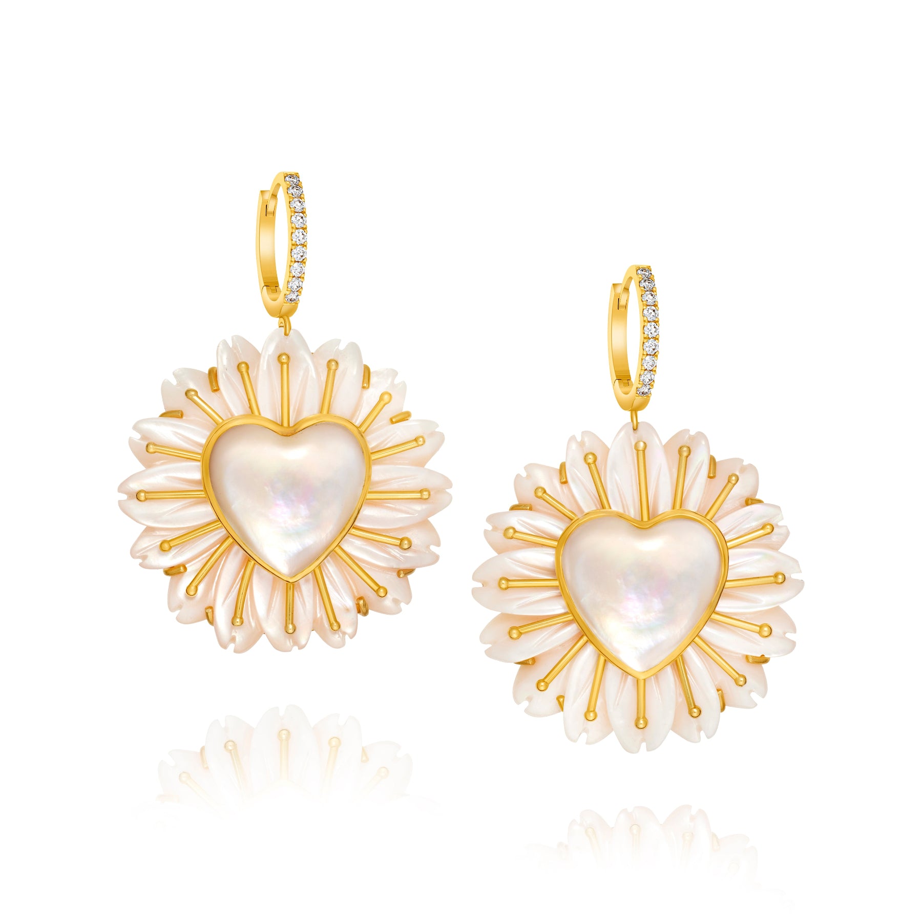 Pink Mother of Pearl Flower & White Mother of Pearl Heart Earrings with Diamonds