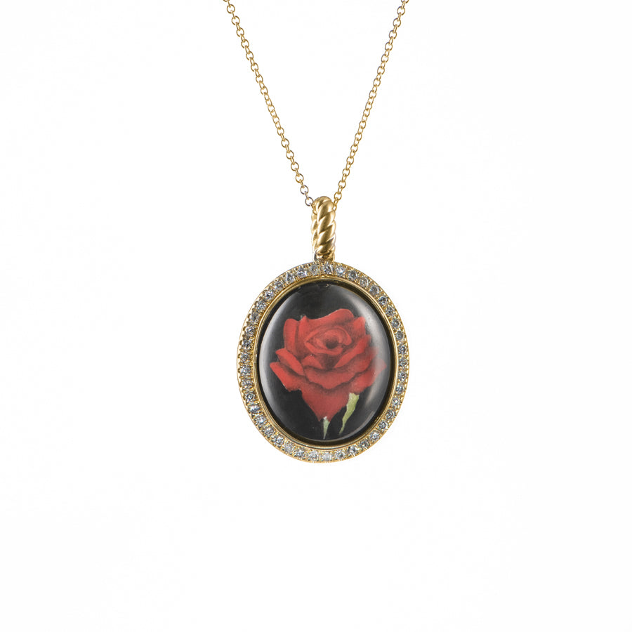 Love Pendant with Enamel Handpainted Black Rose