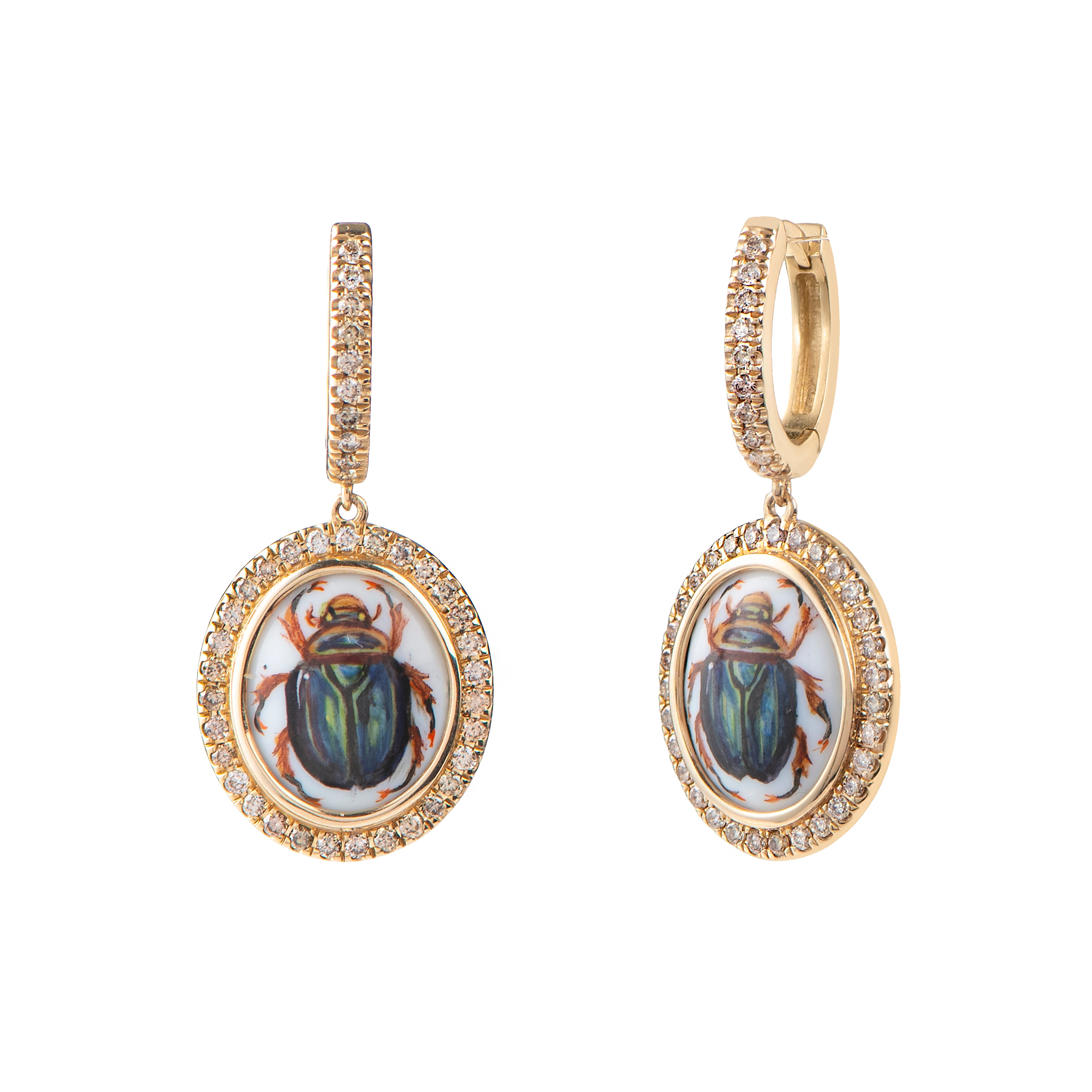 Begin Diamond Earrings with Small Handpainted Enamel Scarabs