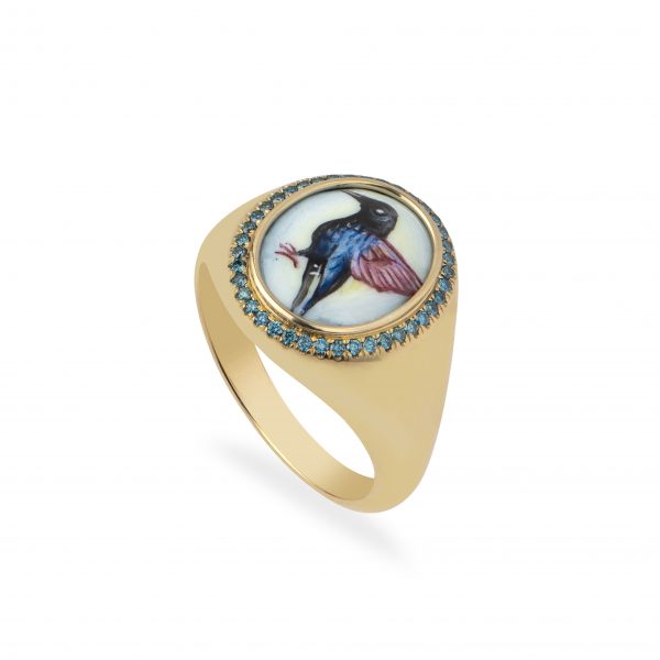 Balance Diamonds Signet Ring with Handpainted Small Enamel Hummingbird