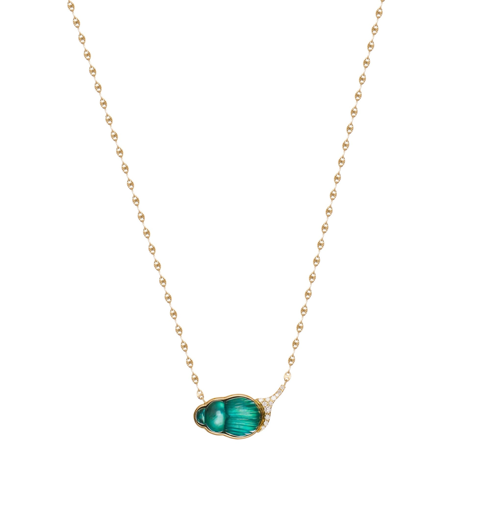 Small Giada Necklace with a Small Green Chalcedony Scarab and Diamonds