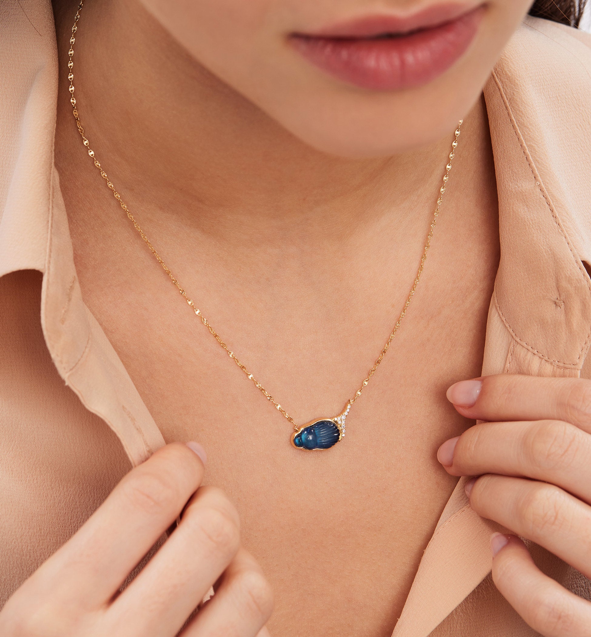 Small Sienna Necklace with a Small Blue Chalcedony Scarab and Diamonds Lito