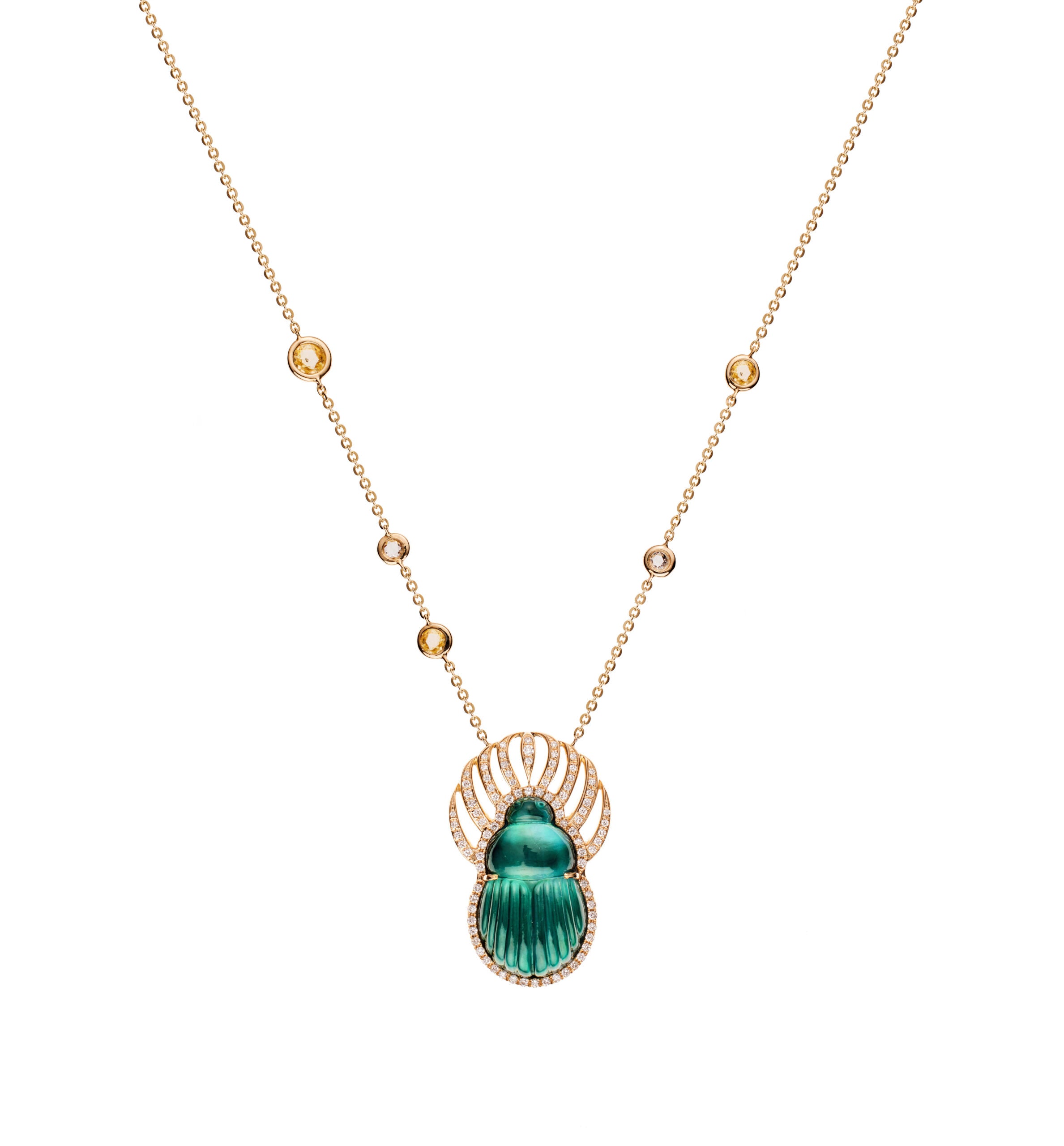 Carnella Necklace with Big Green Chalcedony Scarab Sapphires and Diamonds Lito