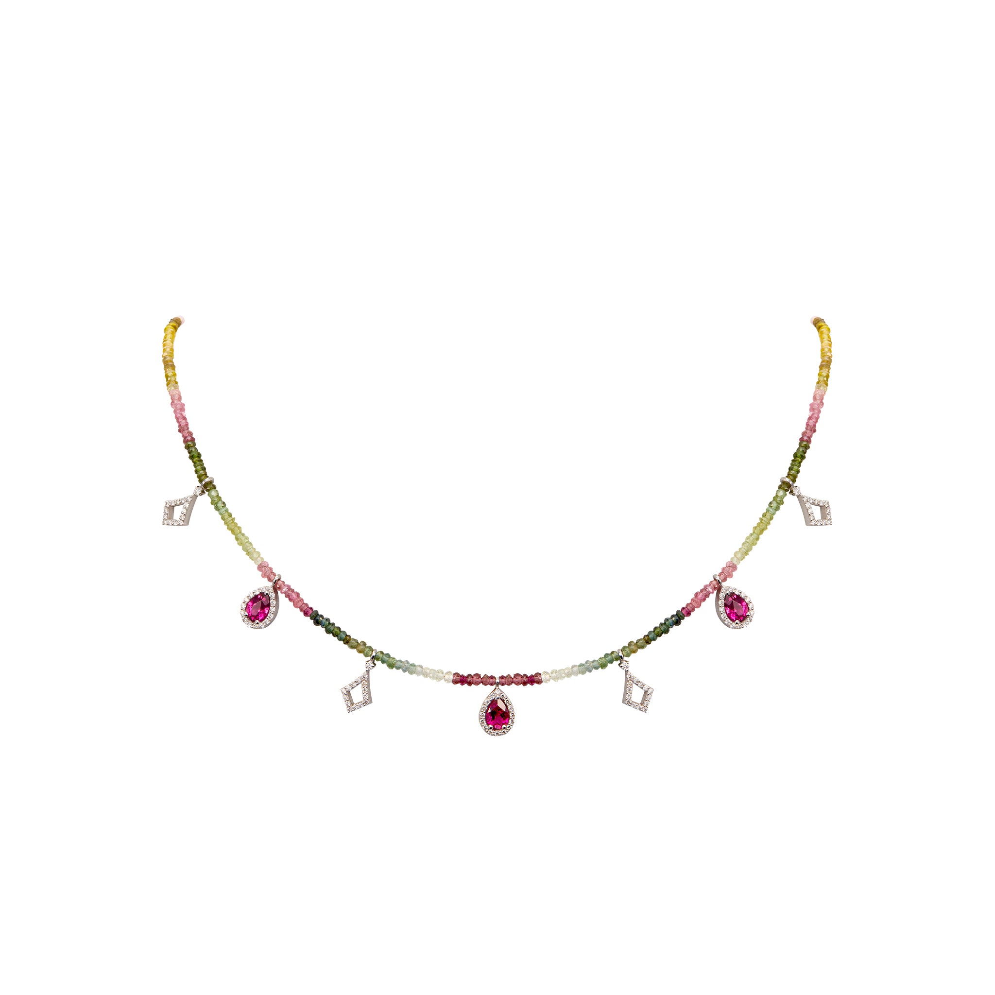 Watermelon Party Tourmaline Rubellite Beaded Diamond Necklace