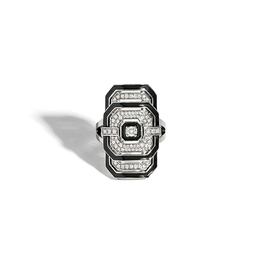 Silver Enamel Ring with Diamonds Statement