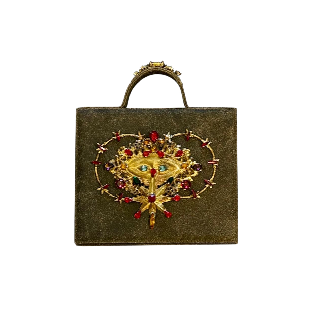 Medium Vintage Leather handmade Evening Handbag embroidered with stones
