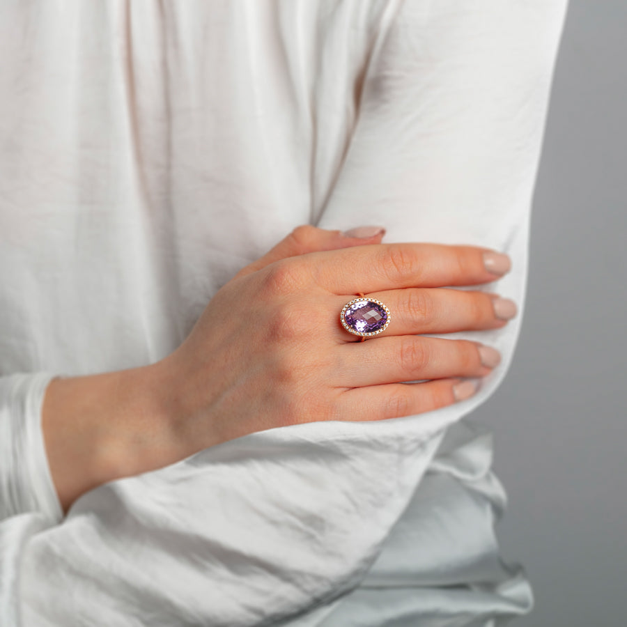 Rose Gold Ring with Diamonds and Amethyst