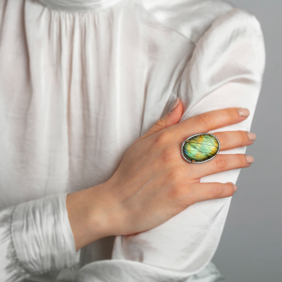 Labradorite with Diamonds Ring