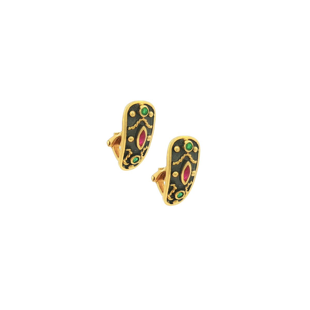 Gold Earrings set with Rubies and Emeralds