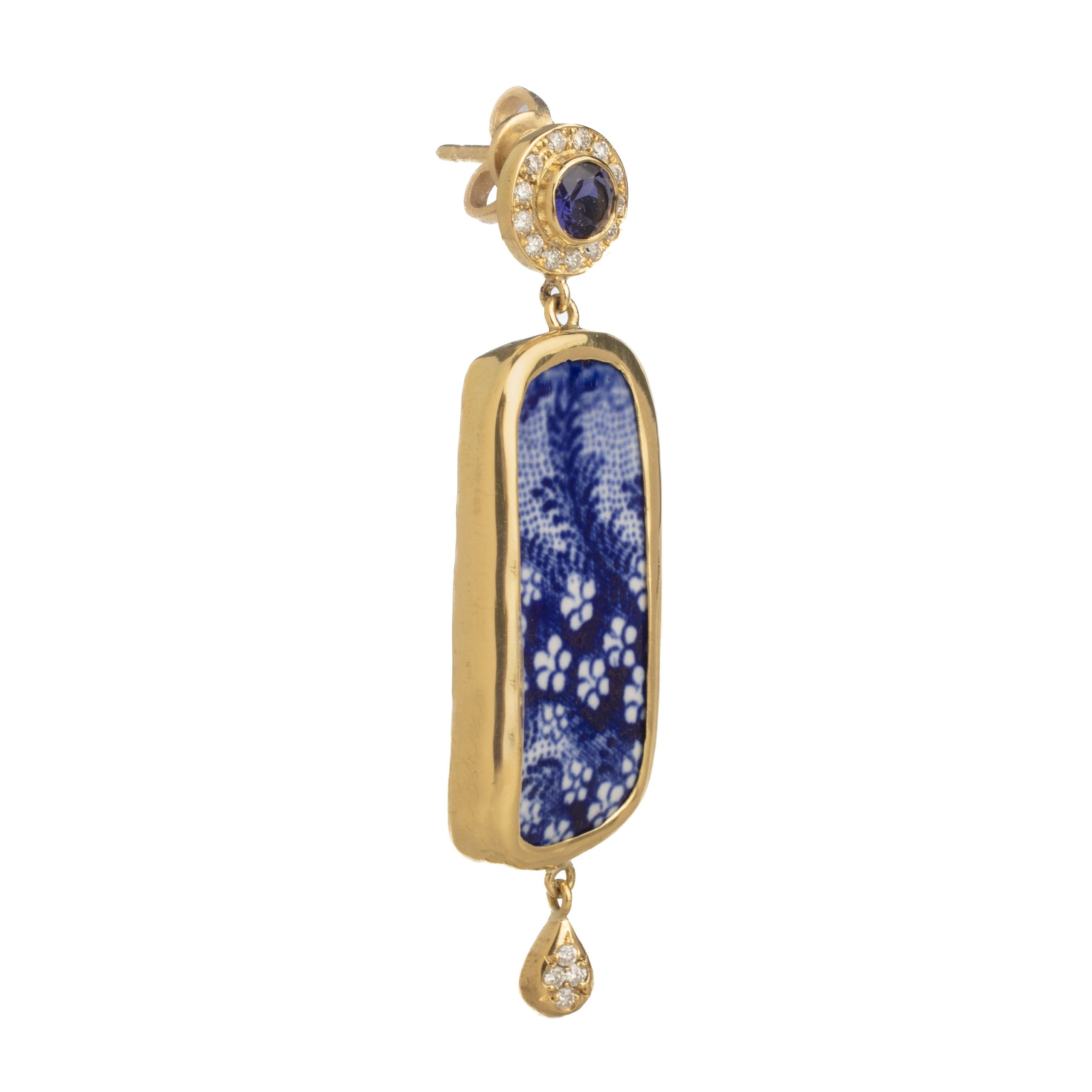 BLUE CERAMIC WITH DIAMONDS AND SAPPHIRE PAIR OF EARRINGS