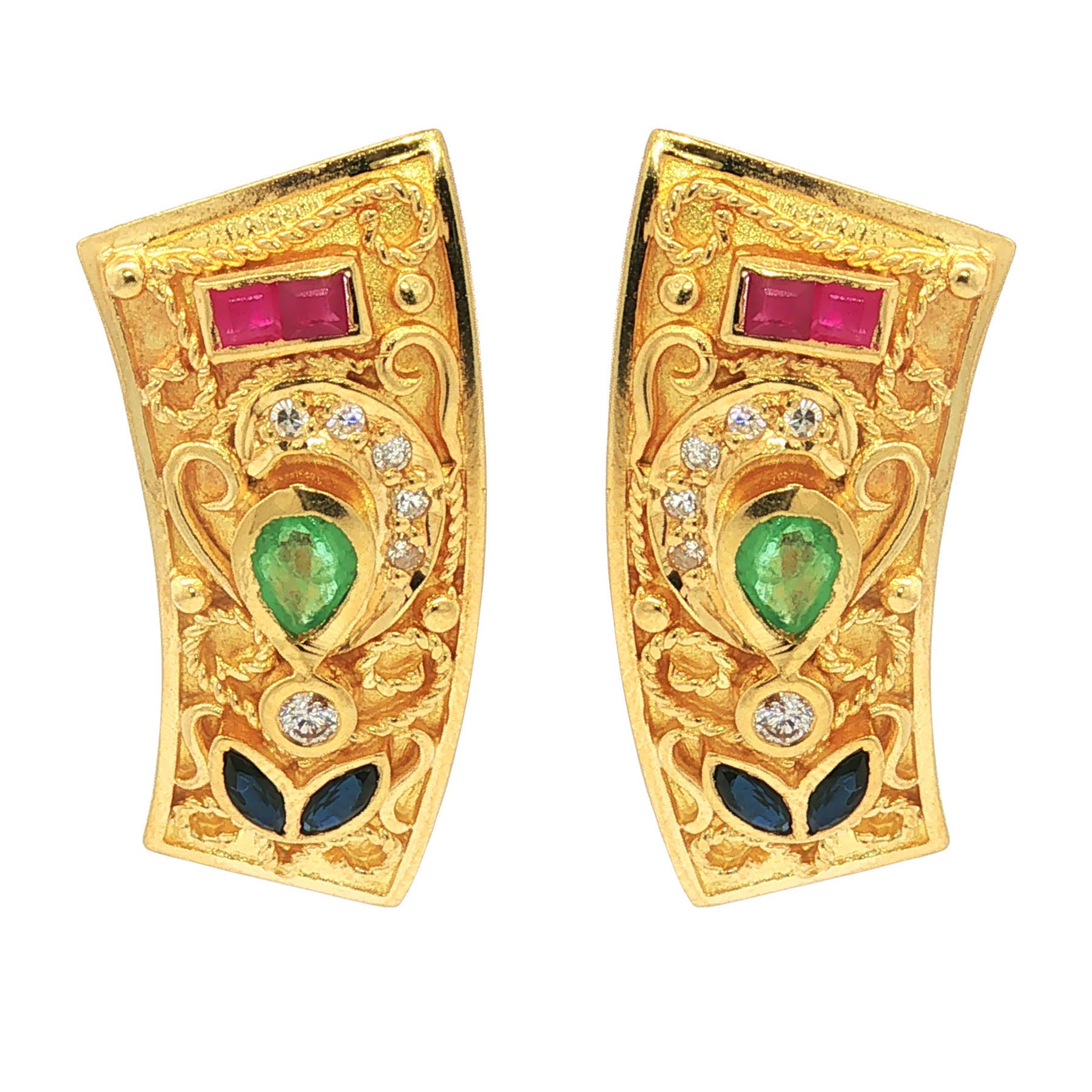 Gold Earrings set with Diamonds, Rubies, Sapphires and Emeralds