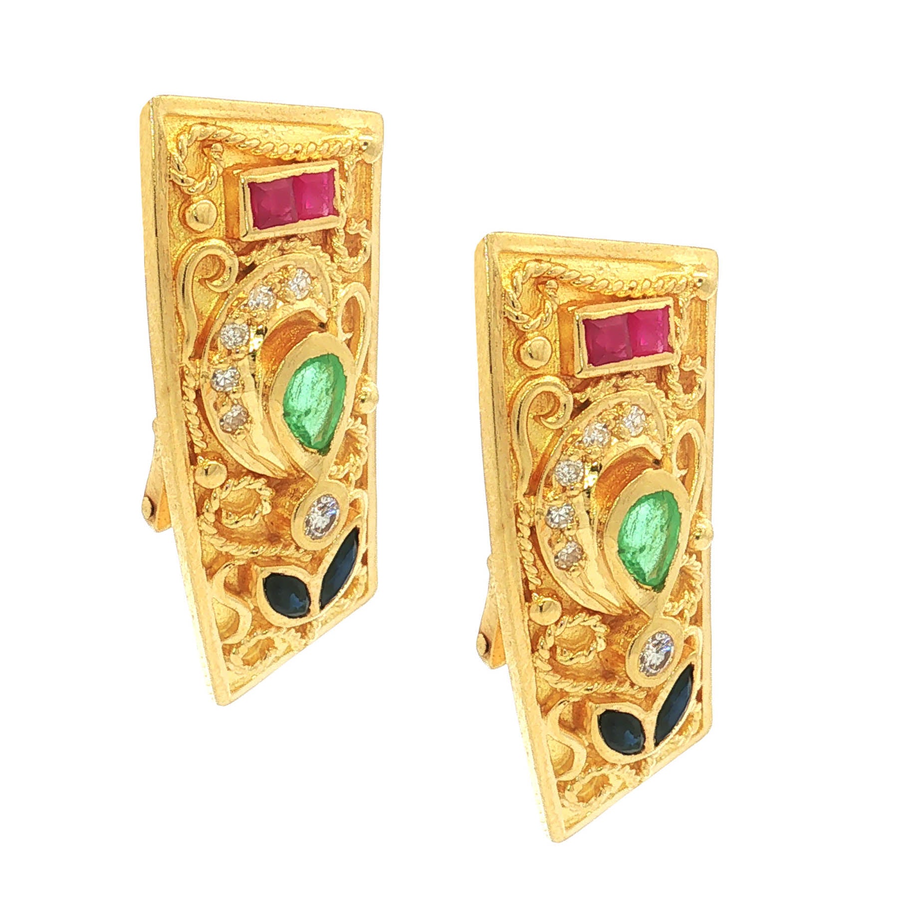 Gold Earrings set with Diamonds, Rubies, Sapphires and Emeralds