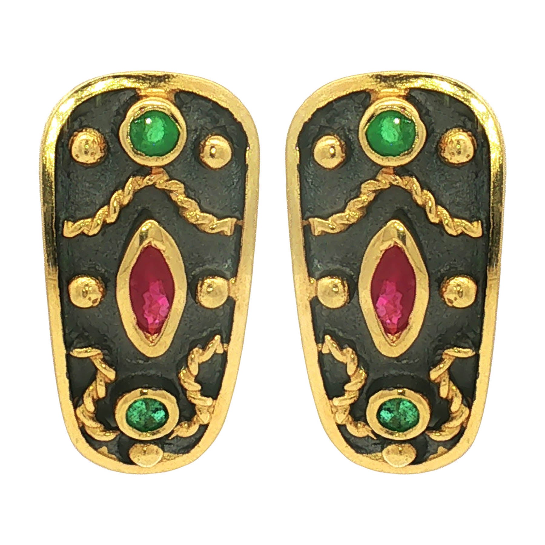 Gold Earrings set with Rubies and Emeralds