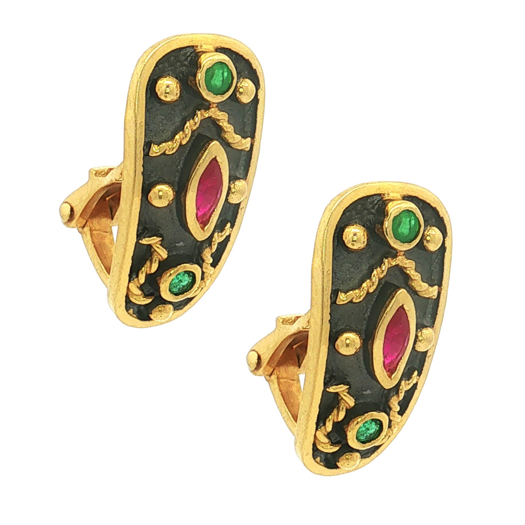 Gold Earrings set with Rubies and Emeralds