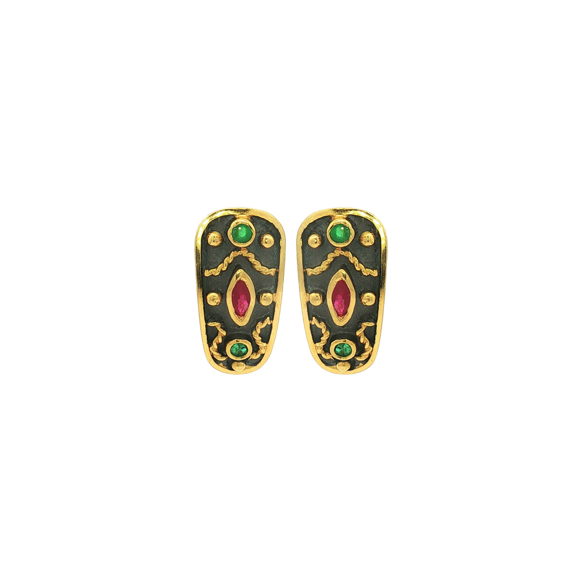 Gold Earrings set with Rubies and Emeralds