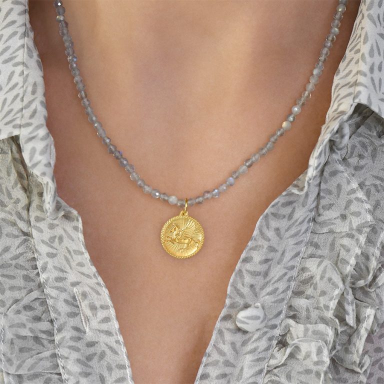 Pegasus Necklace with faceted beads and 18k gold