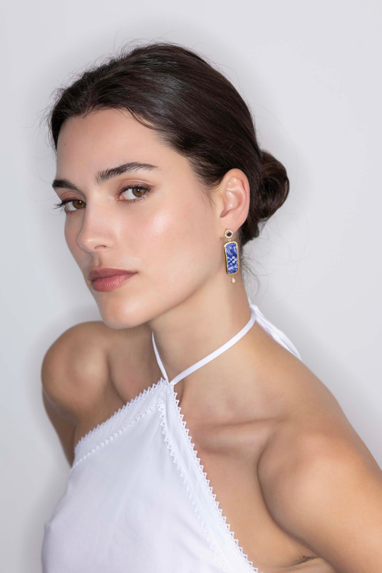 Blue Ceramic Diamond Sapphire Earrings