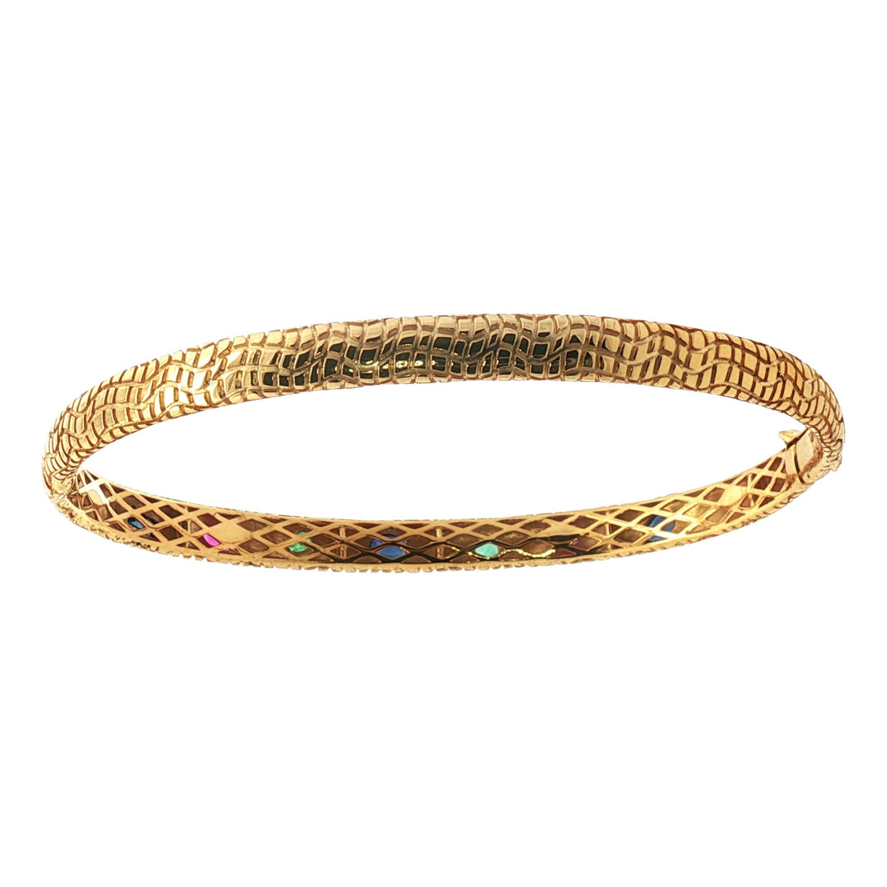 18K yellow gold snake skin bangle bracelet with small colorful stones, shown on a plain white background.