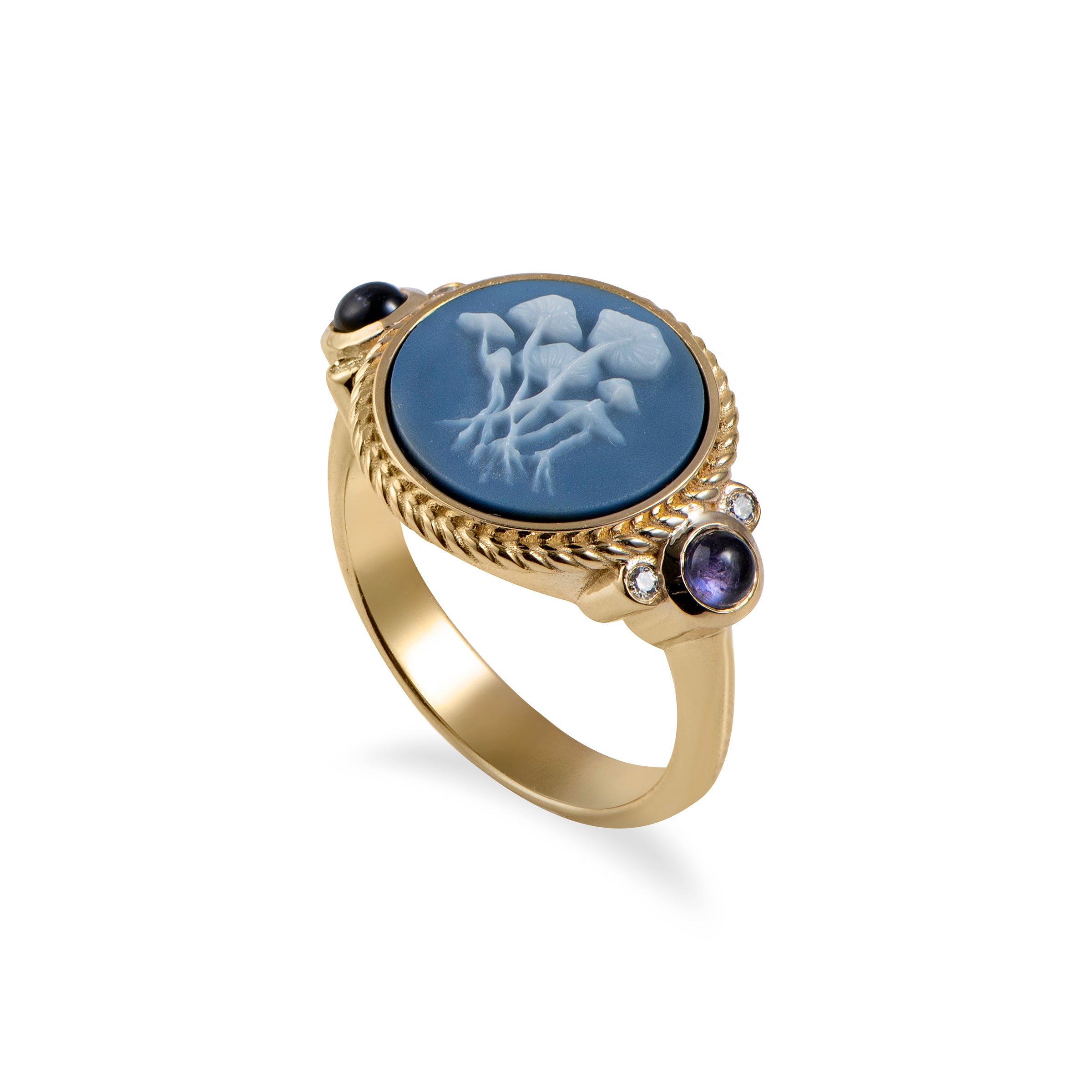 Something Blue Cameo Ring with Diamonds and Iolites