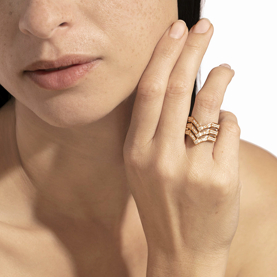 18K Rose Gold Stairway Ring with Three Rows of Diamonds