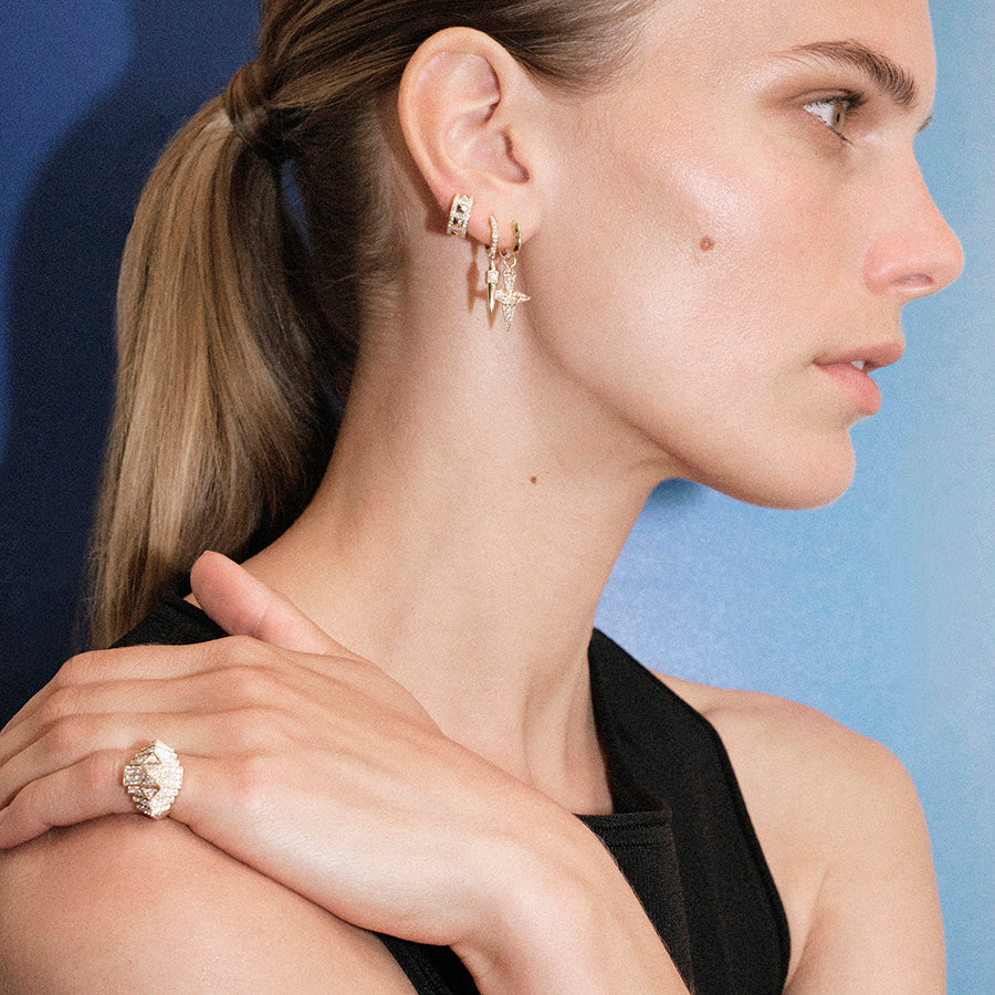 18K Gold Rockaway Mini Cross Diamond Hoop Earring