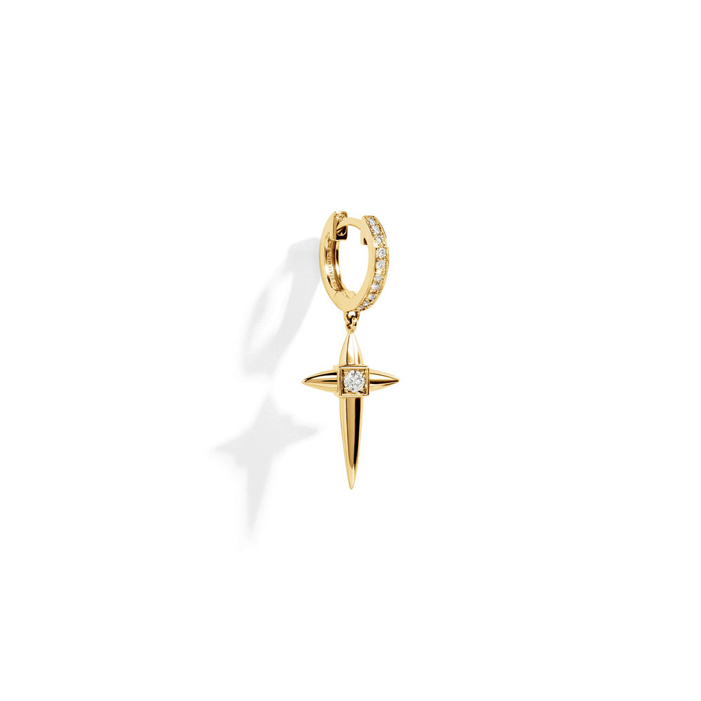 Hoop Rockaway Mini Cross Earring Diamonds & Yellow Gold