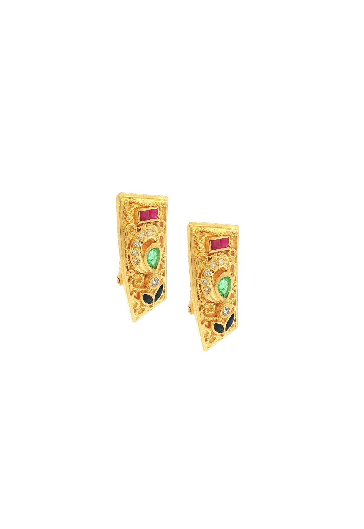 Gold Earrings set with Diamonds, Rubies, Sapphires and Emeralds