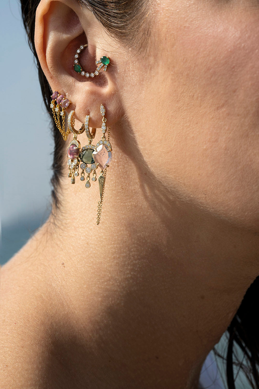 Medusa's Tale Diamond Pink Tourmaline Single Hoop Earring