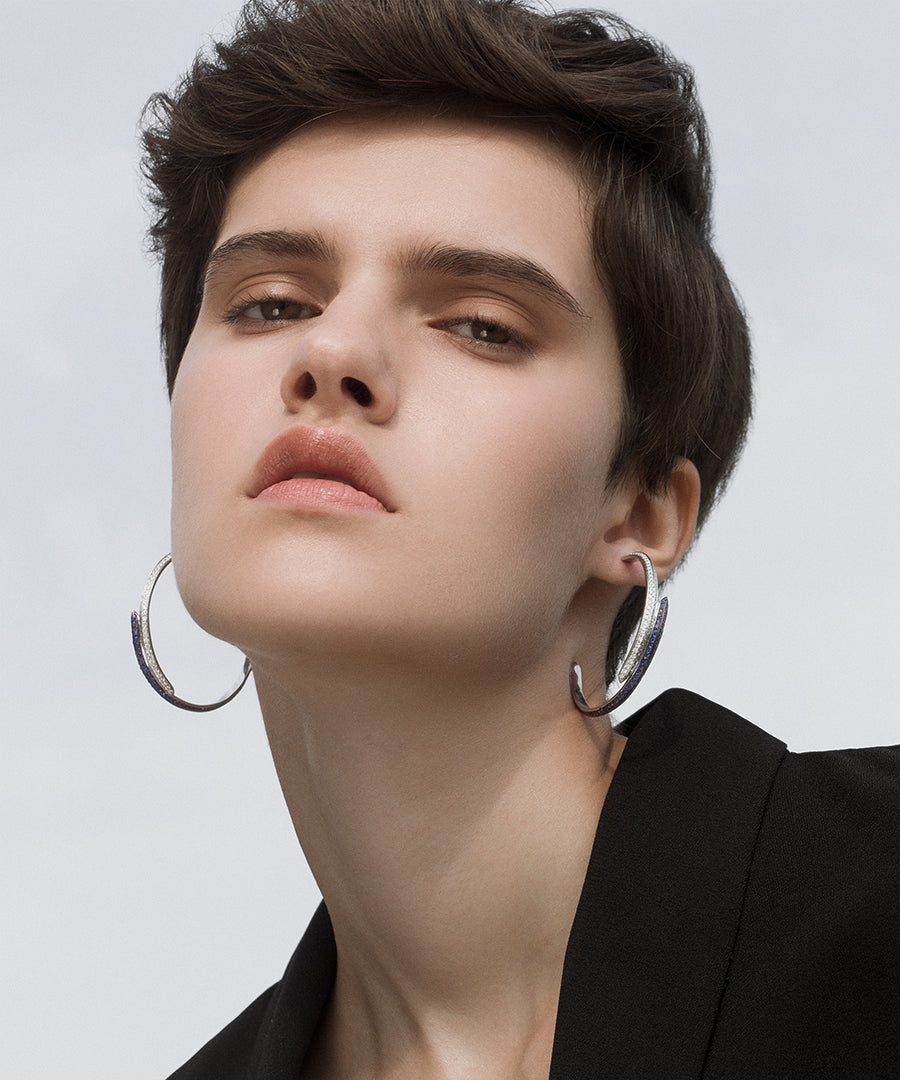 Modernist Diamond Blue Sapphire Hoops