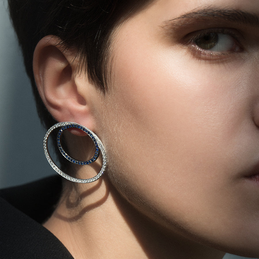 Modernist Diamond Blue Sapphire Stud Earrings