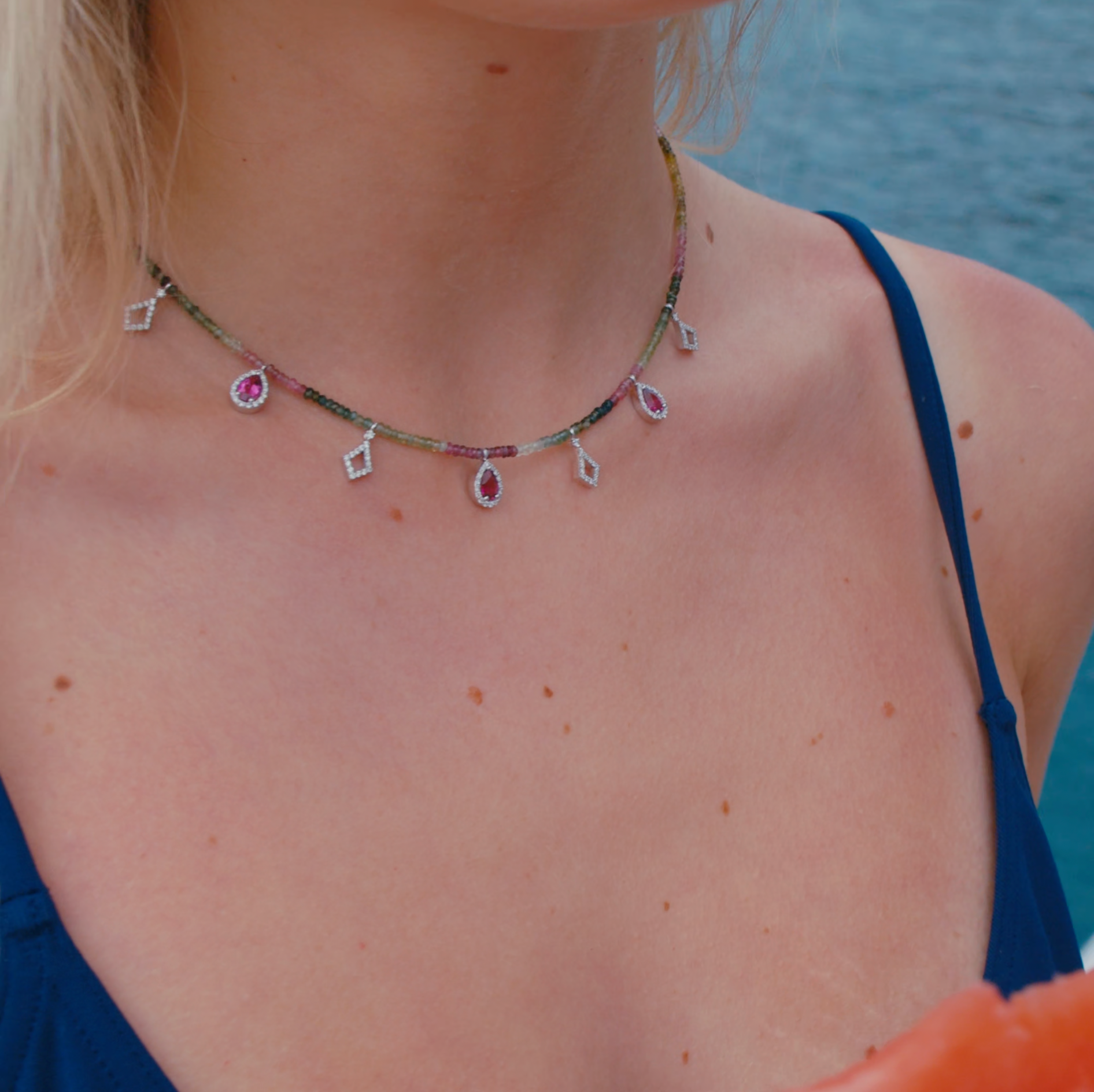 Watermelon Party Tourmaline Rubellite Beaded Diamond Necklace
