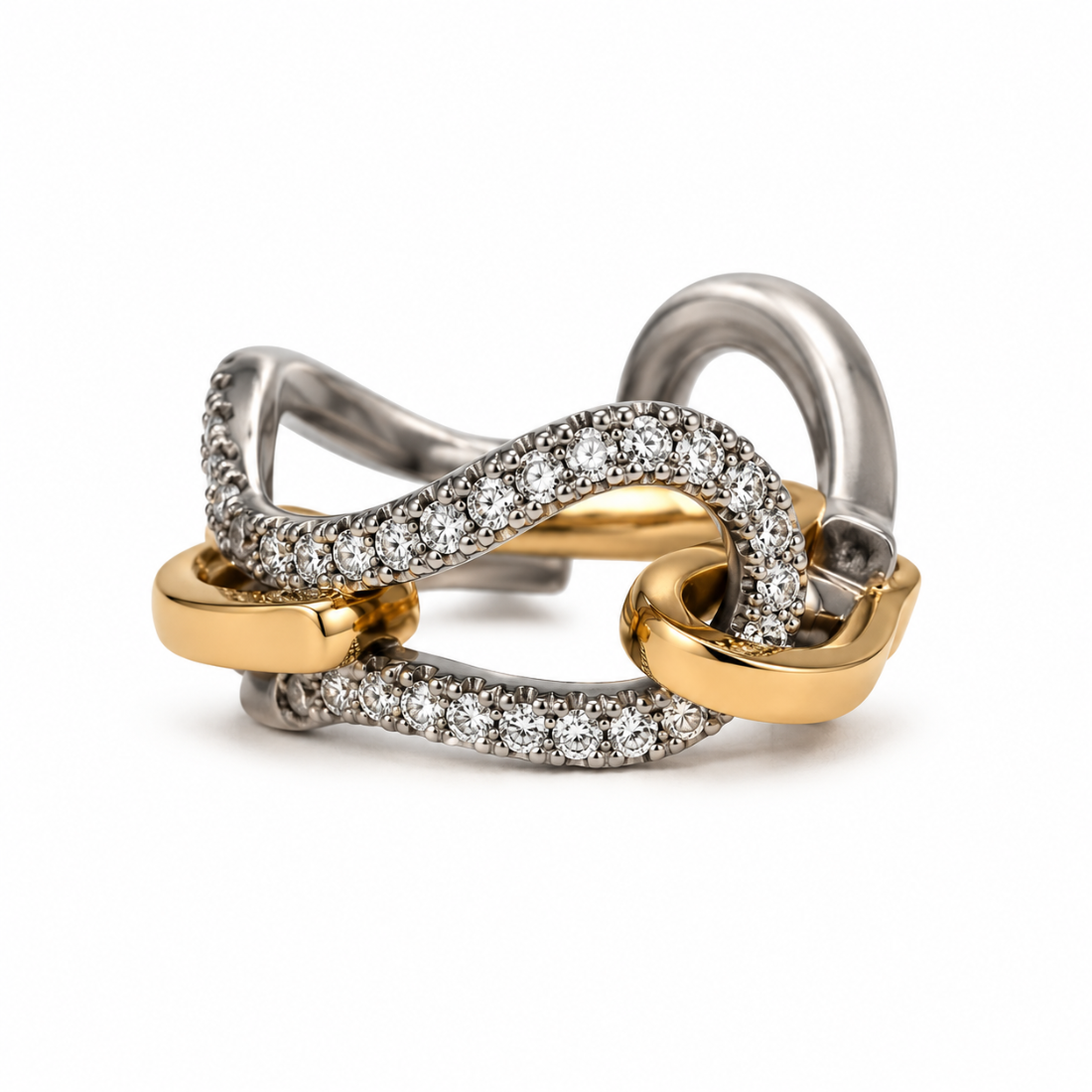 Hum RF2023-R1 diamond chain ring in sterling silver and 18K yellow gold on a white background