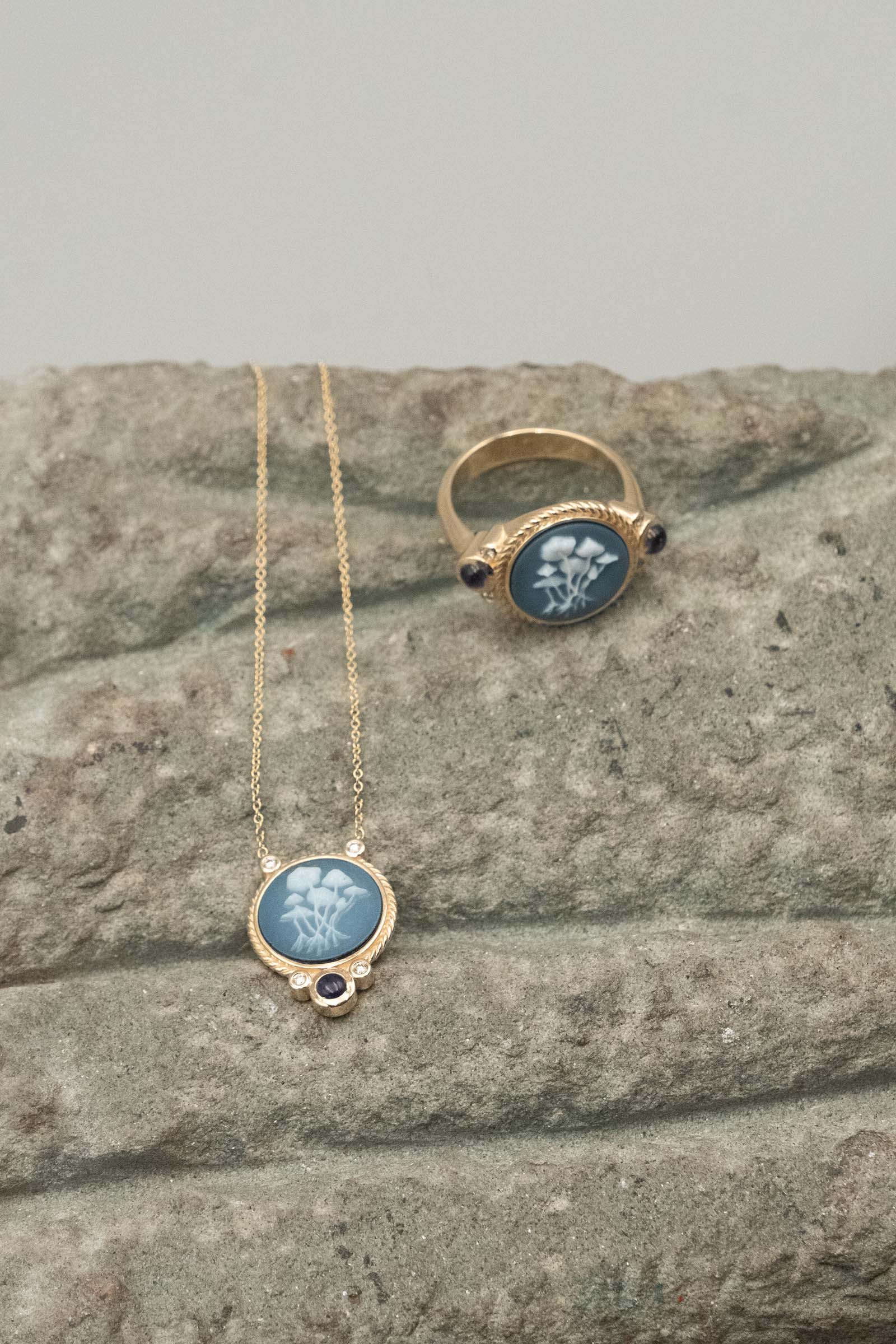 Something Blue Cameo Necklace with Diamonds and Iolites
